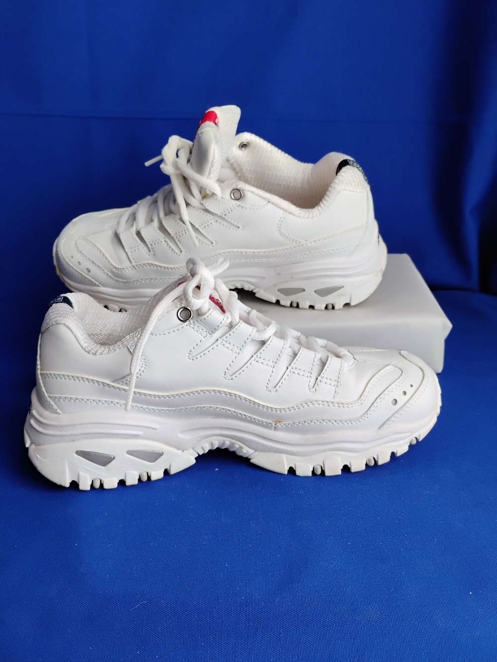 Skechers White Chunky Platform Lace-Up Sneakers with Red Accent